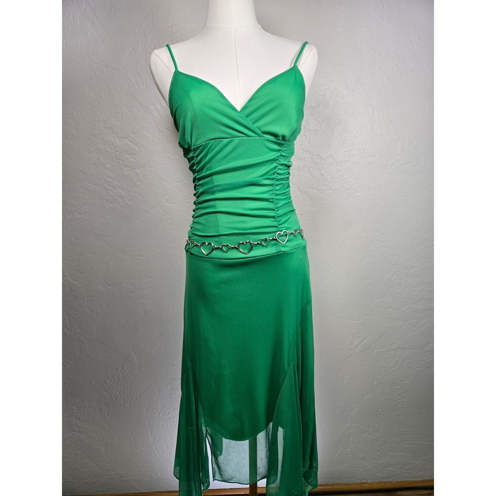 Y2K Green Spaghetti‎ Strap Dress Ruched Ruby Rox size small